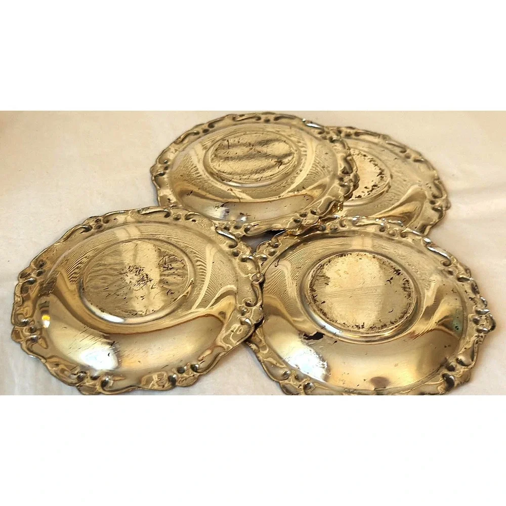 Vintage Tea Glass Holder and Saucer Set of 4 Silver Tone Etched Floral Ornate
